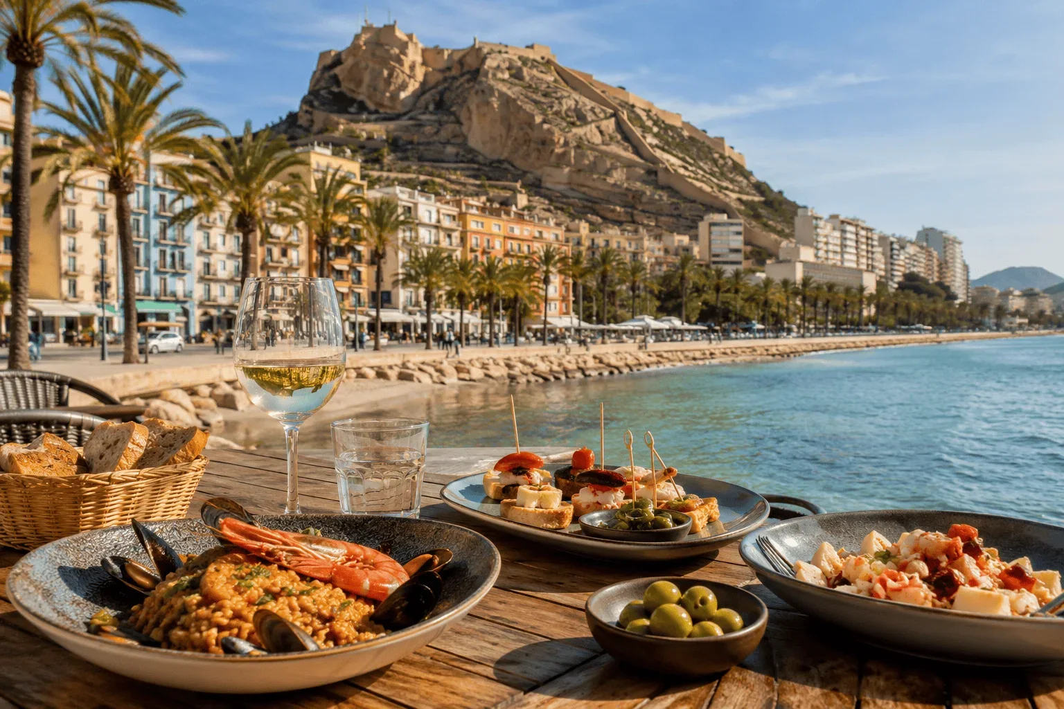 Alicante malul mării cu palmieri și Castelul Santa Bárbara