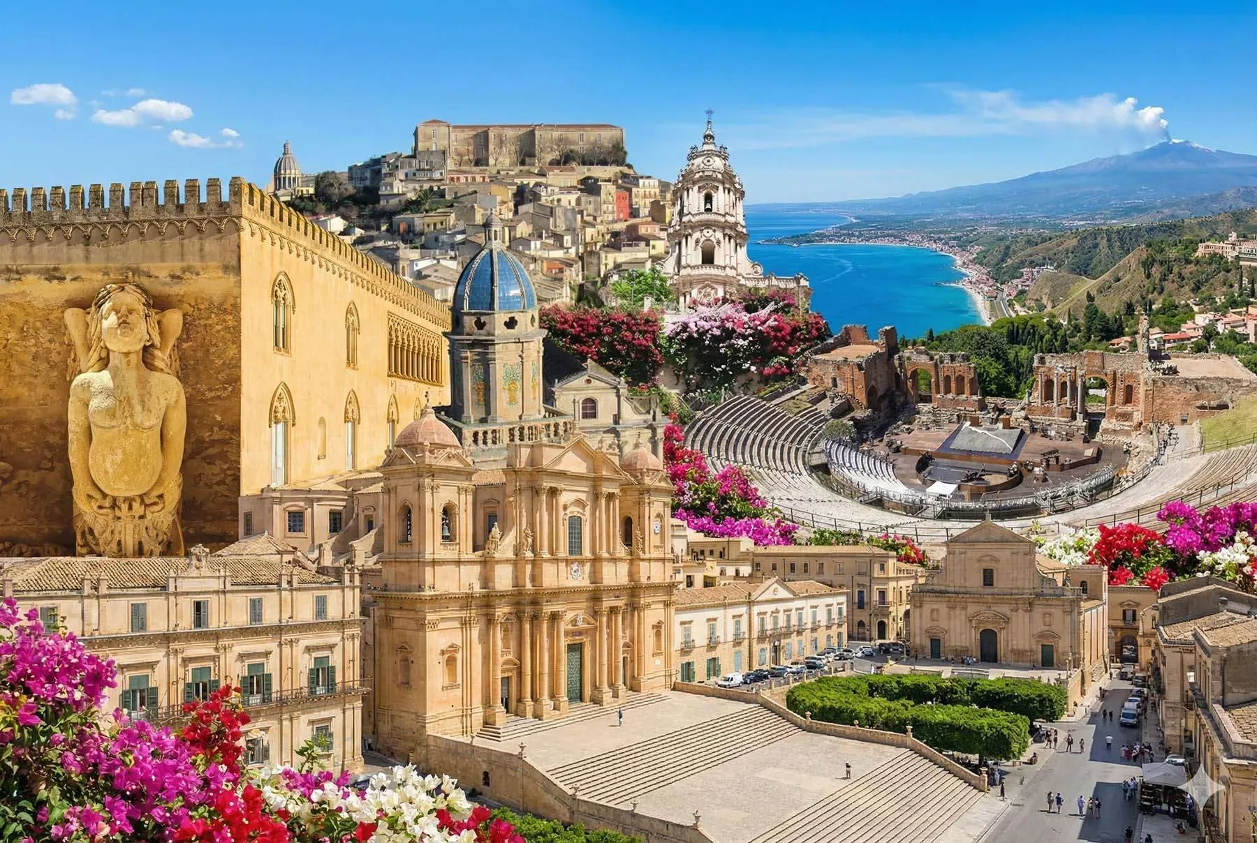Messina malul apei, catedrala și strâmtoarea Messina din Sicilia
