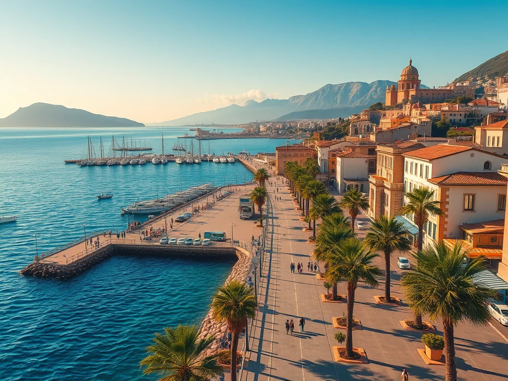 Reggio Calabria malul mării și strâmtoarea Messina în sudul Italiei