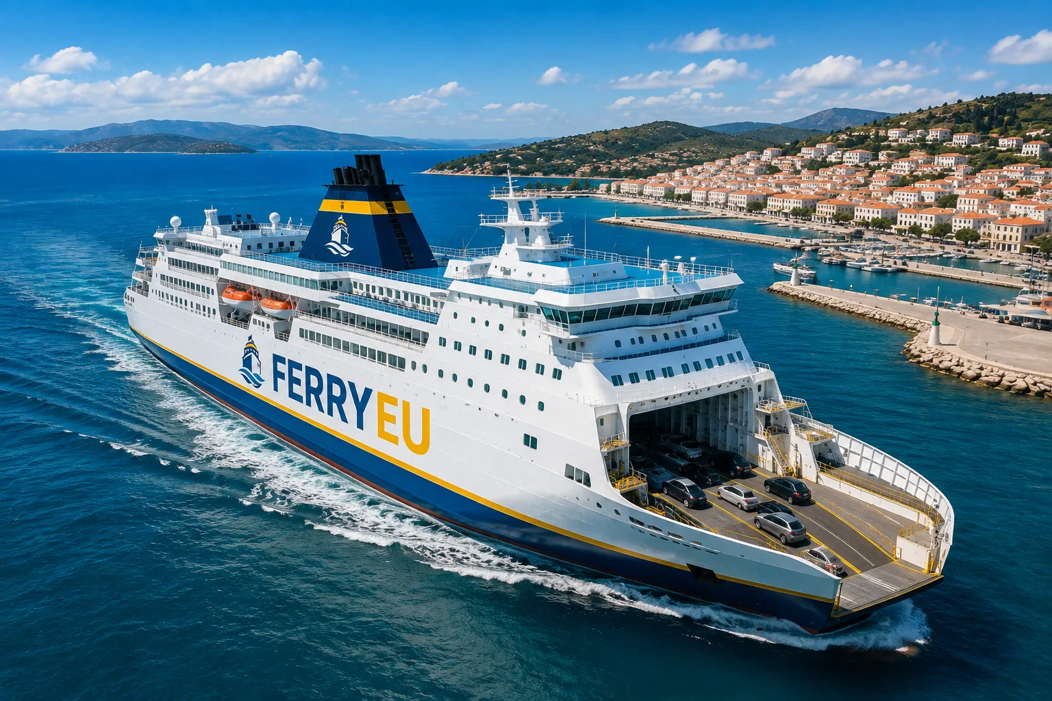 Feribotul de pasageri navighează lângă un port de coastă european