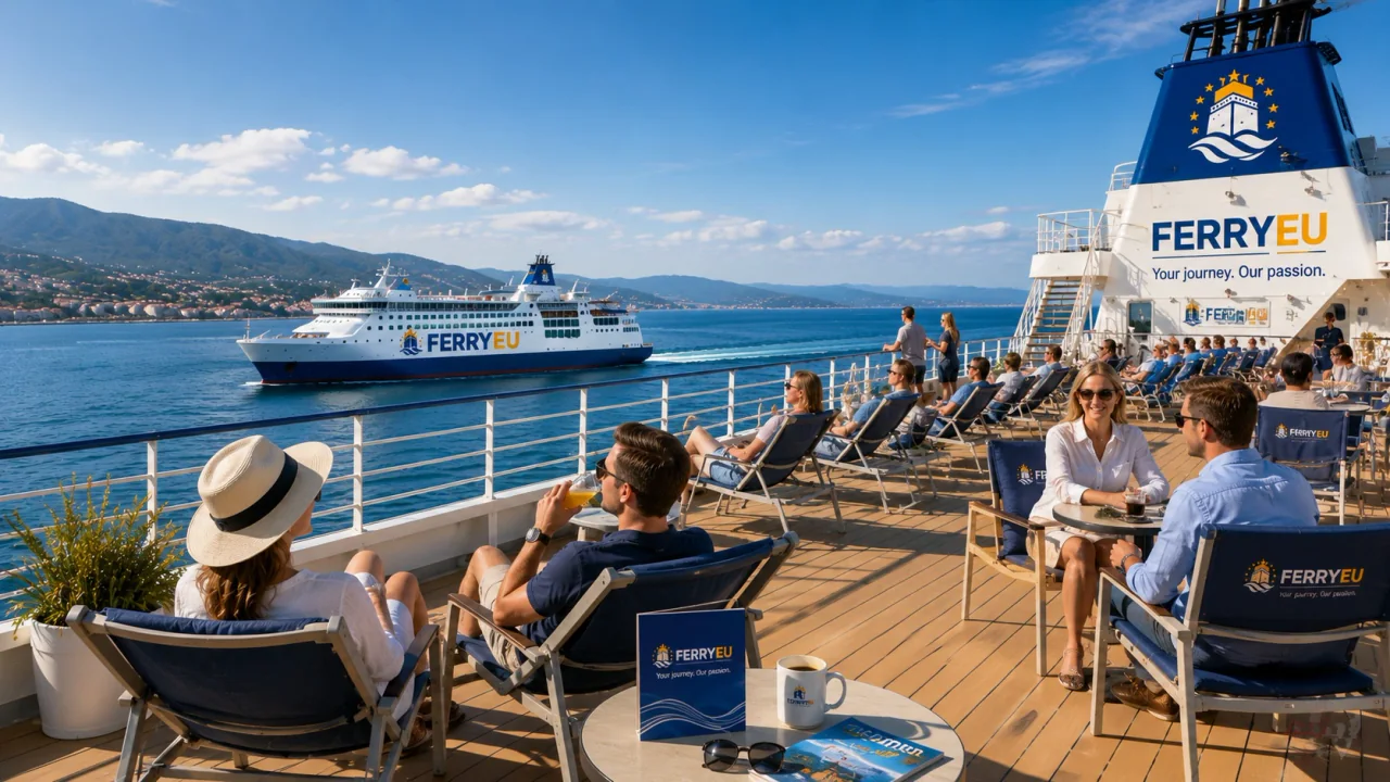 Puntea feribotului deschisă cu vedere la mare