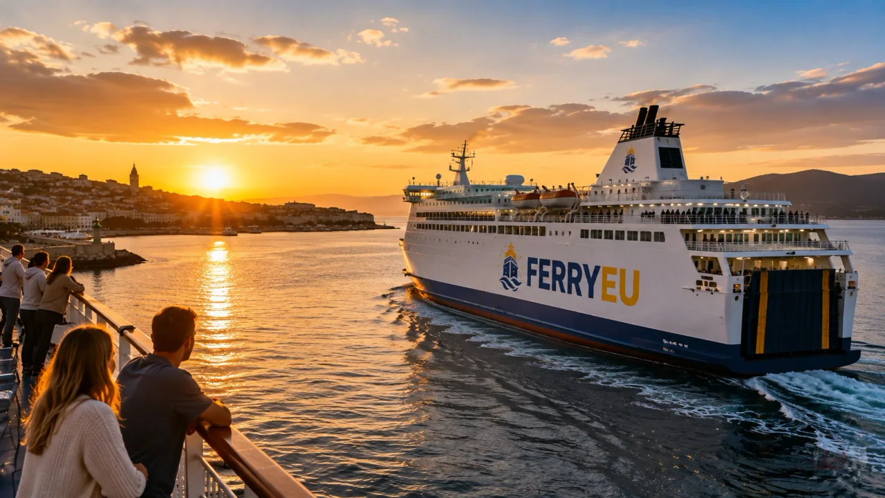 Plecare ilustrativă cu feribotul din Marea Mediterană la apus