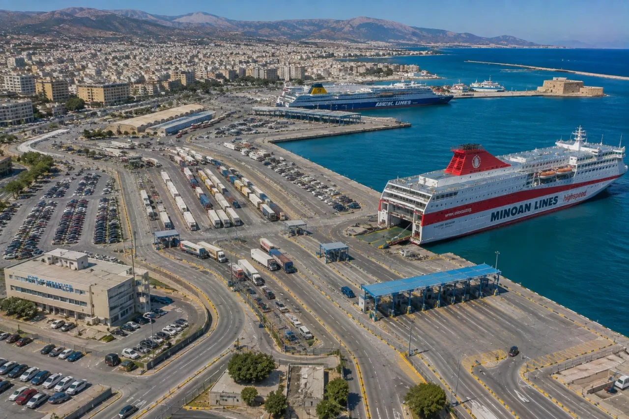 Vedere aeriană a portului de feriboturi Heraklion și a orașului din Creta