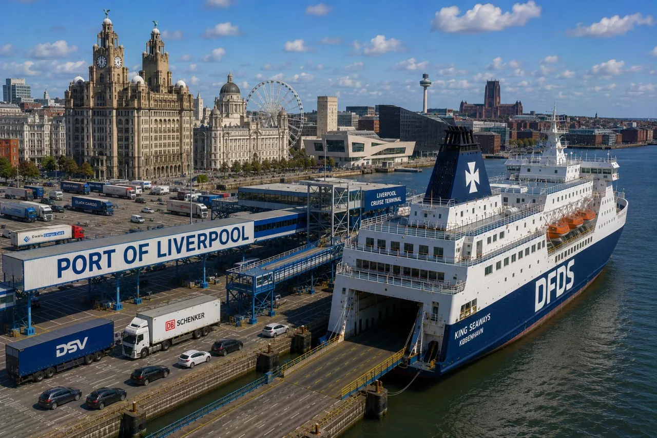 Vedere aeriană a malului Liverpool și a portului de feriboturi