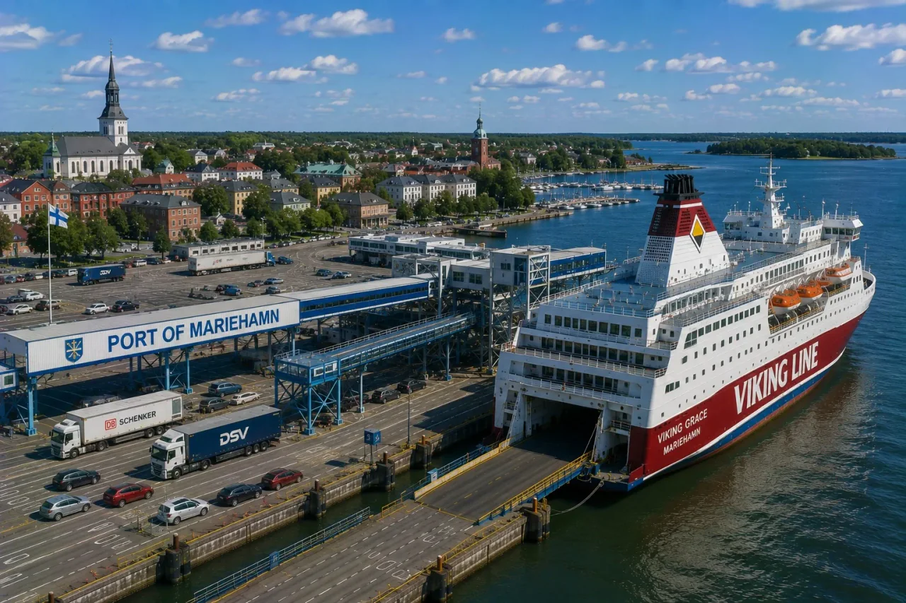 Feribotul de pasageri la terminalul de feriboturi Mariehamn din Åland