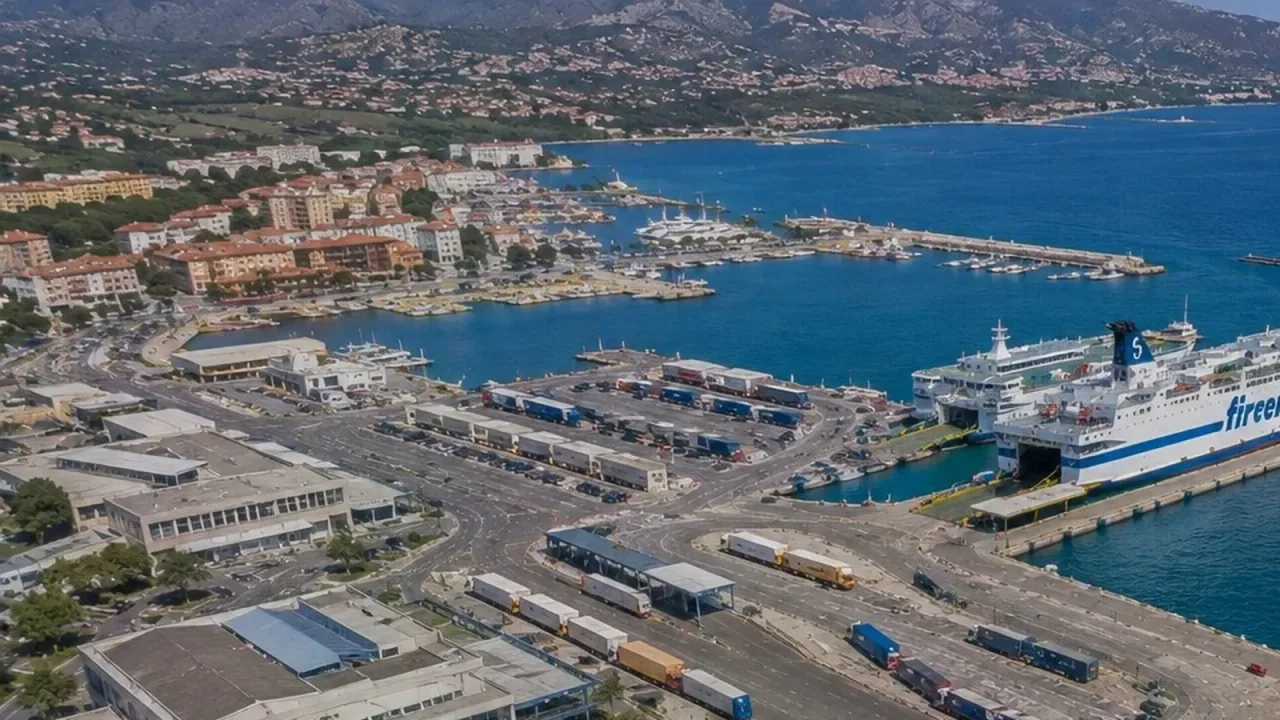 Vedere aeriană a terminalului de feribot Olbia cu un feribot de pasageri Tirrenia