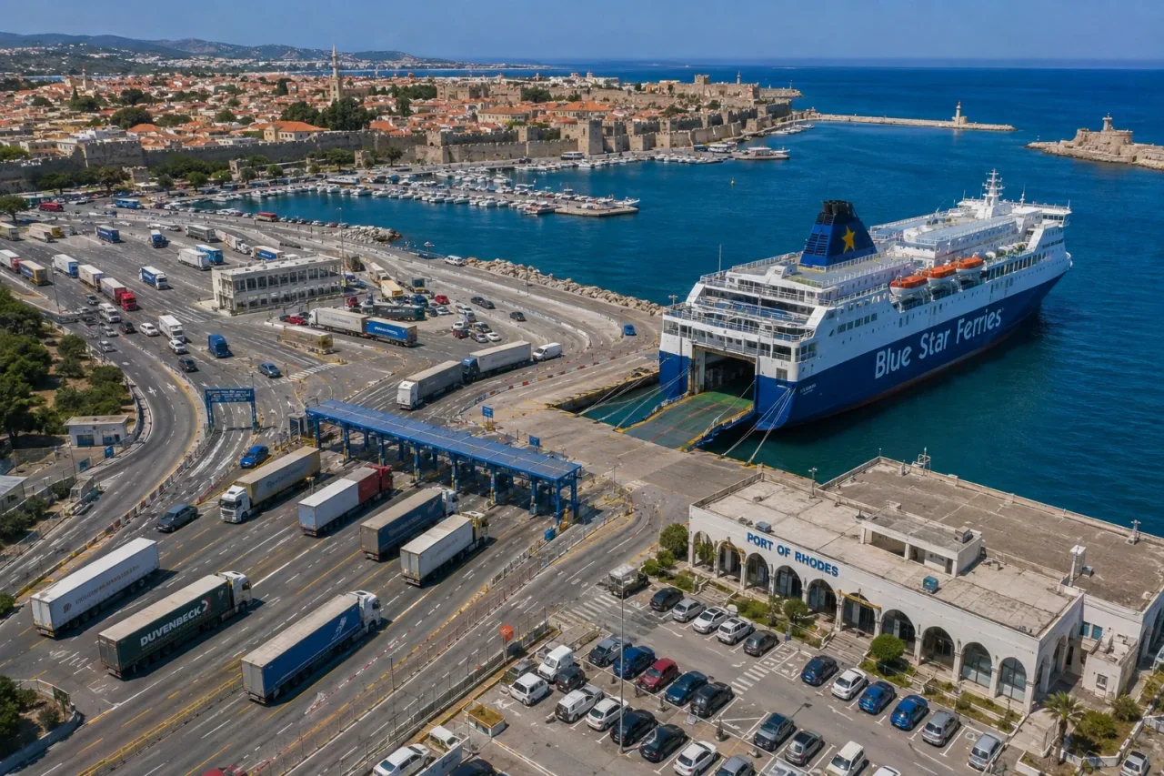 Vedere aeriană a portului de feriboturi Rhodes și a malului istoric