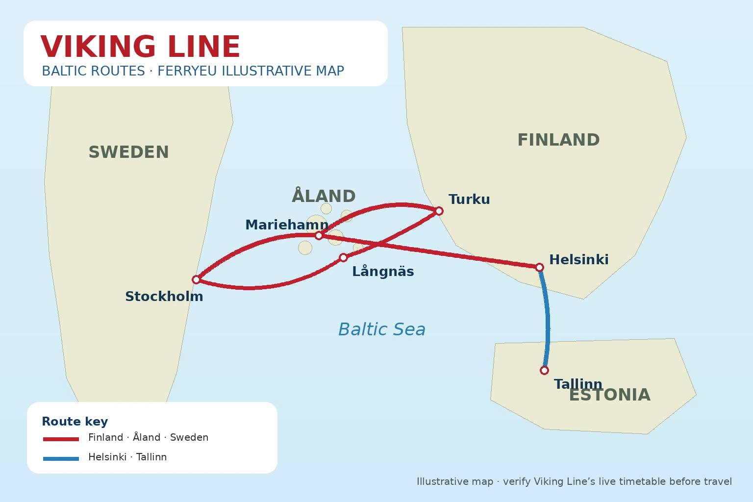 Harta ilustrată a rutei cu feribotul din Marea Baltică Viking Line