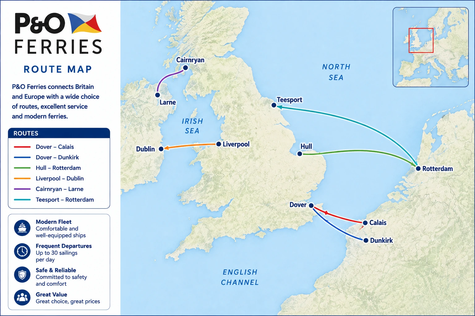Hartă ilustrată a rutei P&O Ferries